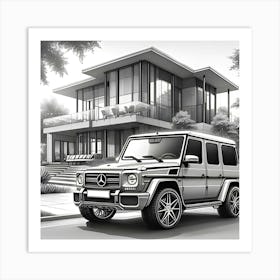 A Pencil Drawing Of A Mercedes Benz G Wagon In Front Of A Beautiful Modern Mansion Art Print