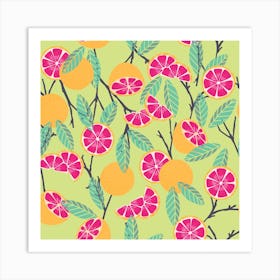 Grapefruit Pattern On Lime Green With Floral Decoration Square Art Print
