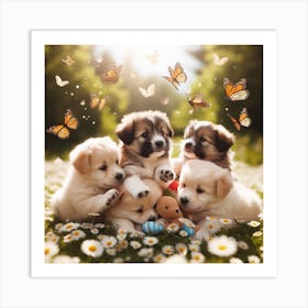 Cute Puppies With Butterflies Art Print