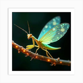 A Whimsical Mantis With Wings Of Shifting, Fractal Patterns Perched On A Glowing Branch 1 Art Print