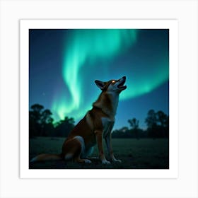 A Dingo With Glowing Eyes, Howling Under An Aurora Filled Night Sky In The Australian Wilderness Art Print