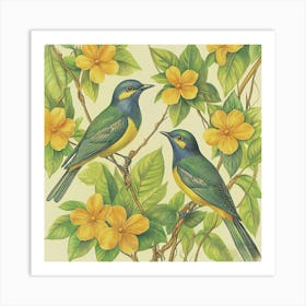 Two Birds Perched On A Branch Art Art Print