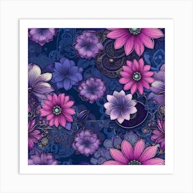 Purple Flowers On A Blue Background Art Print