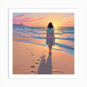 Alone Girl At Beach Ocean With Sunset Art Print (1) Art Print