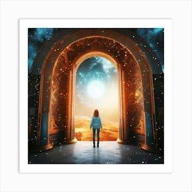 Woman Standing In Front Of An Open Door Art Print