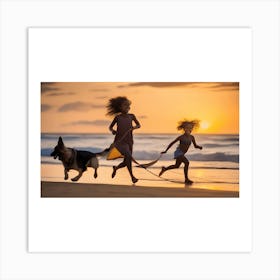 Two Girls And A Dog At Sunset Art Print