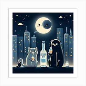 Cat And Bottle 2 Art Print