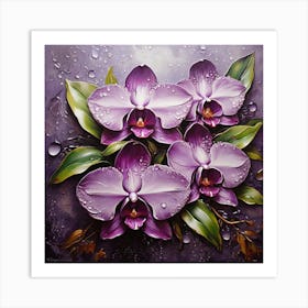 Purple orchid flower on tropical leaves in dew drops 1 Art Print