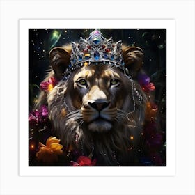 Bejwelled lioness. With a crown on her head and a garland of flowers, let me introduce the Queen of the jungle! Art Print