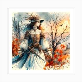 Portrait Of A Beautiful Girl In The Autumn Woods Art Print