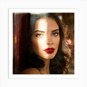 Woman With Brown Eyes And Red Lips Against A Rosy Background Caught In A Peering Gaze Through A Gla Art Print