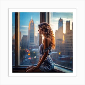 A beautiful girl looks through the window to the city  Art Print