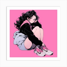 Anime Girl Sitting On Pink Background Art Print