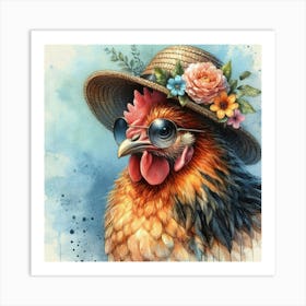 A chicken wearing a straw hat 1 Art Print