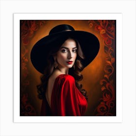 Portrait Of A Woman In A Black Hat Art Print