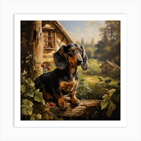 Dachshund On A Log Outside A Cottage Art Print