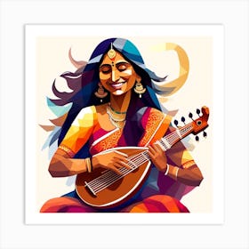 In An Oil Painting The Vibrant Essence Of A Joyous Indian Woman Playing The Sitar With Profound Enthusiasm Is Beautifully Depicted The Artwork Showcases The Woman In Meticulous Detail Exuding Pure 1 Art Print