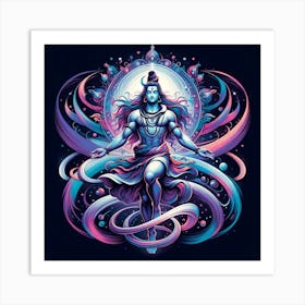 "Shiva: The Cosmic Dancer" - This entrancing artwork captures Lord Shiva in his Nataraja form, symbolizing creation, preservation, and destruction—the cosmic dance of the universe. The mesmerizing swirls of cosmic energy in shades of blue, pink, and purple evoke the mysteries of the cosmos, while Shiva's poised and tranquil expression inspires a sense of deep peace. This piece is a perfect blend of spirituality and modern art, ideal for those who want to bring a touch of the divine into their contemporary space. It's an invitation to reflect on the eternal rhythms of life and the universe. A must-have for connoisseurs of mythological art and a statement piece that radiates serene power. Art Print