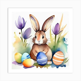 Easter Bunny With Dyed Eggs In A Watercolor Painting Style Póster