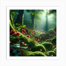 Mossy Forest With Fireflies Art Print