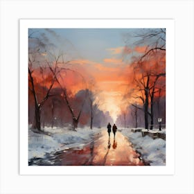 Couple Walking In The Snow Art Print