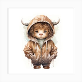 Watercolour Cartoon Yak In A Hoodie 2 Art Print