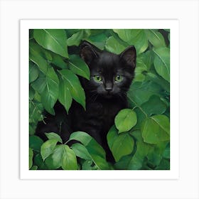 Black Kitten In The Leaves Art Print