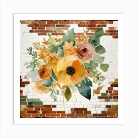 Mixed Floral Bouquet With Low Poly Watercolor Leav Art Print