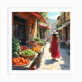 Spanish Woman In A Charming Market, Watercolor With Colorful Activity 1 Art Print