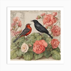 Birds On Roses Art Print