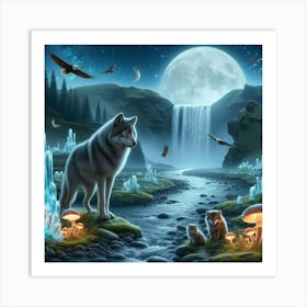 Wolf on the Mushroom Crystal Riverbank with Cubs Art Print