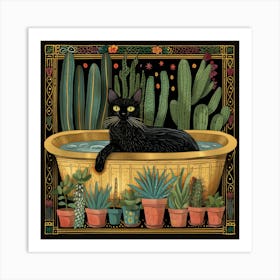 Gold Line Drawing of a Black Cat in a Bathtub, Houseplants, Botanical Art Print