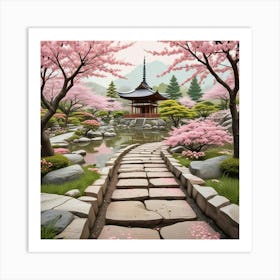 Japenese Pagoda Landscape With Moon Art Print (4) Art Print