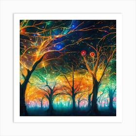 A captivating scene of trees that appear to be alive, with twinkling lights and vibrant 3 Art Print