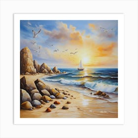 Oil painting design on canvas. Sandy beach rocks. Waves. Sailboat. Seagulls. The sun before sunset.46 Art Print