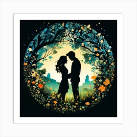 Love At First Sight, Silhouettes Of Two People Hugging Surrounded By Elements Of Nature Flowers Trees Growing Art Print