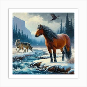 Beautiful Horse In Stream With Wolves 4 Art Print