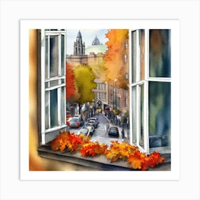 Autumn View From The Window Window View Of Dublin Ireland In Autumn Fall, Watercolor Art Print Art Print