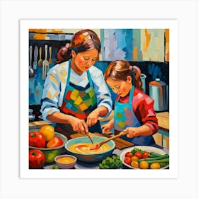 Mother And Daughter Cooking Art Print