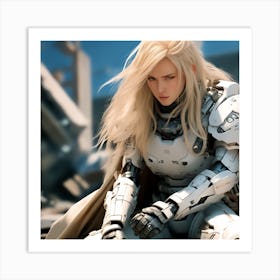 3d Dslr Photography A Man With Long Blonde Hair Sitting On The Battlefield Ground, Cyberpunk Art, By Krenz Cushart, Wears A Suit Of Power Armor, Closeup Character Portrait, Strong Detailed Digital Art, Artgerm An Art Print