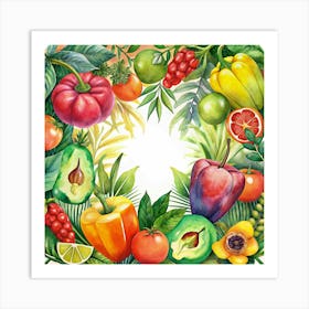 Watercolor Frame Of Tropical Fruits And Vegetables Art Print