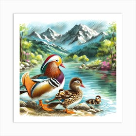 Mandarin Duck Family- Painting Artwork 19 Art Print