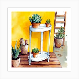 Watercolor Of Potted Succulents Art Print