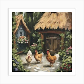 Cottage Chickens Fairycore Painting 1 Art Print