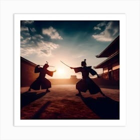 Silhouette Of Samurai Fighting At Sunset Art Print