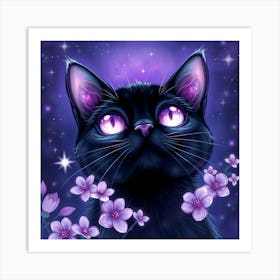 Black Cat With Purple Flowers Art Print