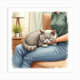 Serene British Shorthair Cat Resting On A Person S Lap In A Quiet Room, Watercolor 1 Art Print