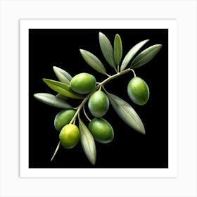 Olive Branch With Green Olives On Black Background Art Print