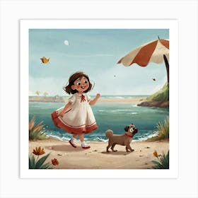 Little Girl And Dog On The Beach Art Print