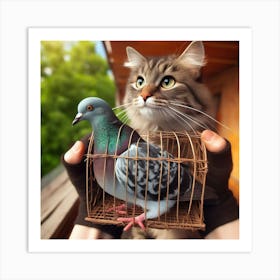 Pigeon And Cat In Cage 1 Art Print